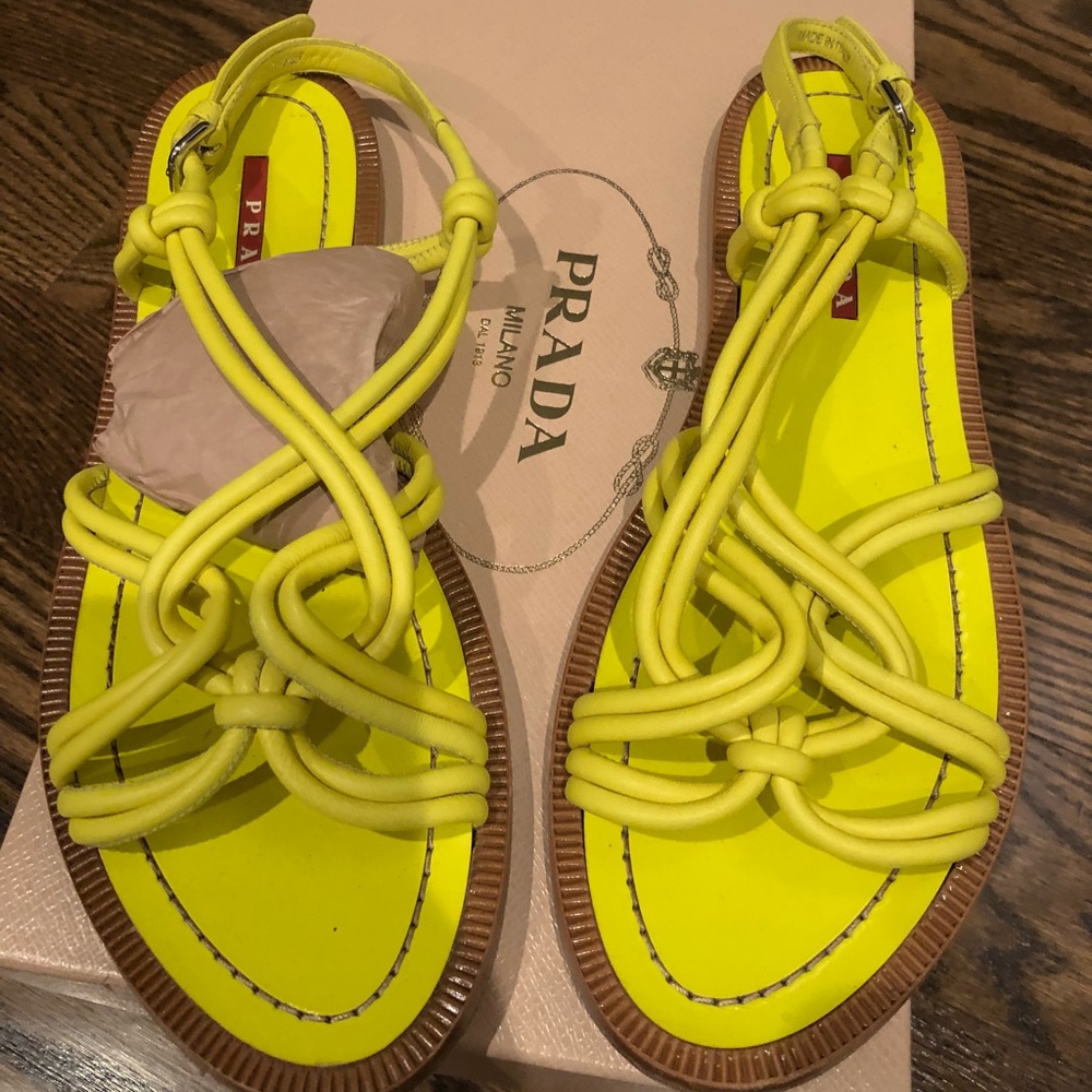 Prada Neon Yellow Strappy Leather Flat Sandals